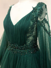 A-Line V Neck Tulle Lace Green Long Prom Dress Outfits For Girls, Green Formal Evening Dresses