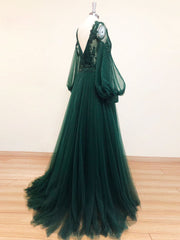 A-Line V Neck Tulle Lace Green Long Prom Dress Outfits For Girls, Green Formal Evening Dresses