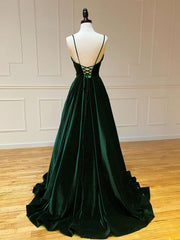 A-Line V Neck Velvet Green Long Prom Dresses For Black girls For Women, Green Velvet Formal Dress