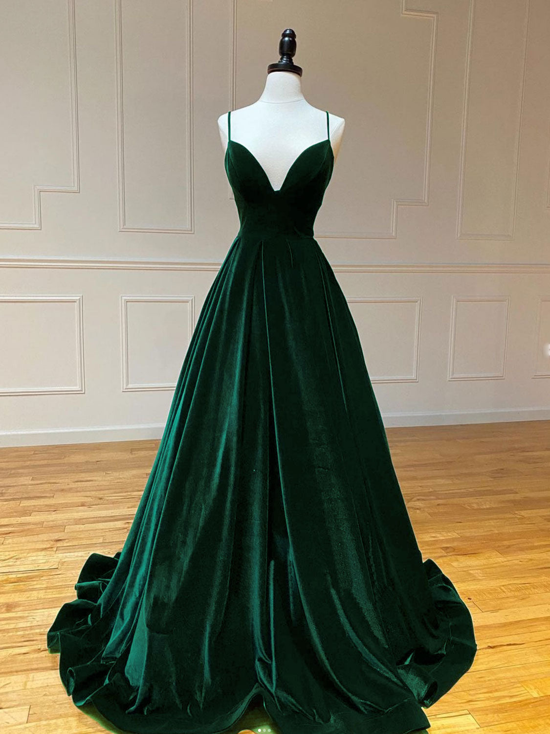 A-Line V Neck Velvet Green Long Prom Dresses For Black girls For Women, Green Velvet Formal Dress