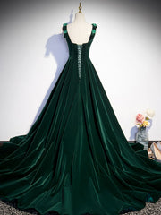 A-Line Velvet Green Long Prom Dresses For Black girls For Women, Green Formal Evening Dresses