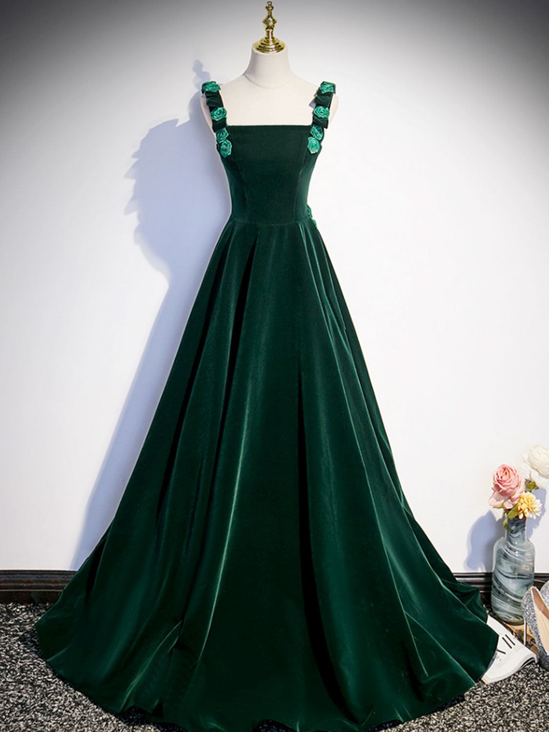 A-Line Velvet Green Long Prom Dresses For Black girls For Women, Green Formal Evening Dresses