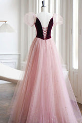 A-Line Velvet Tulle Long Prom Dress Outfits For Girls, Pink Short Sleeve Formal Evening Dress