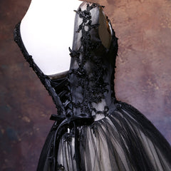 Adorable Black V-neckline Lace and Tulle Party Dress Outfits For Girls, Short Prom Dress