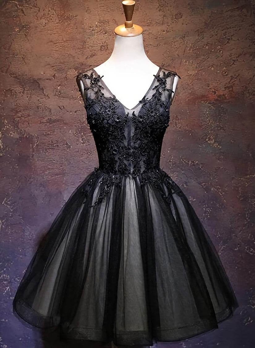 Adorable Black V-neckline Lace and Tulle Party Dress Outfits For Girls, Short Prom Dress