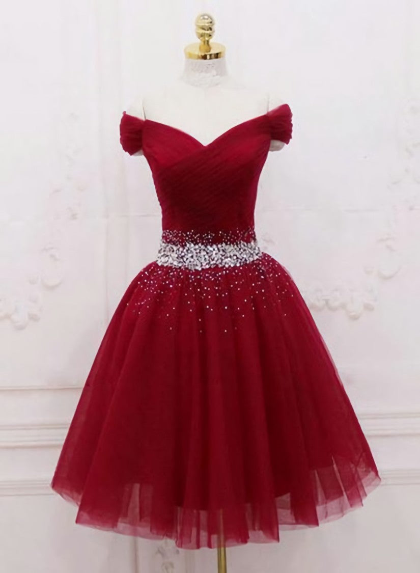 Adorable Dark Red Homecoming Dress Outfits For Women , Tulle Off the Shoulder Party Dress