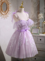 Aline Lace Short Purple Prom Dress Outfits For Girls, Puffy Purple Homecoming Dress