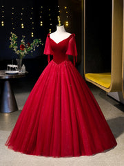 Burgundy Velvet Tulle Floor Length Formal Dress, Burgundy A-Line Evening Party Dress