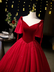 Burgundy Velvet Tulle Floor Length Formal Dress, Burgundy A-Line Evening Party Dress