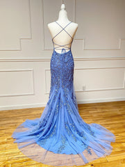 Backless Blue Lace Mermaid Prom Dresses For Black girls For Women, Open Back Lace Mermaid Formal Evening Dresses