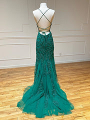 Backless Green Lace Mermaid Prom Dresses For Black girls For Women, Open Back Mermaid Lace Formal Evening Dresses