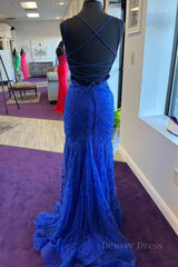 Backless Mermaid Blue Lace Tulle Long Prom Dress, Mermaid Blue Formal Dress, Blue Lace Evening Dress