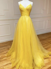 Backless Yellow Tulle Long Formal Evening Dresses For Black girls For Women, Open Back Yellow Tulle Long Prom Dresses