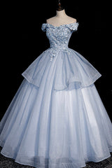 Ball Gown Blue Tulle Lace Long Party Dress Outfits For Girls, Off the Shoulder Evening Dress
