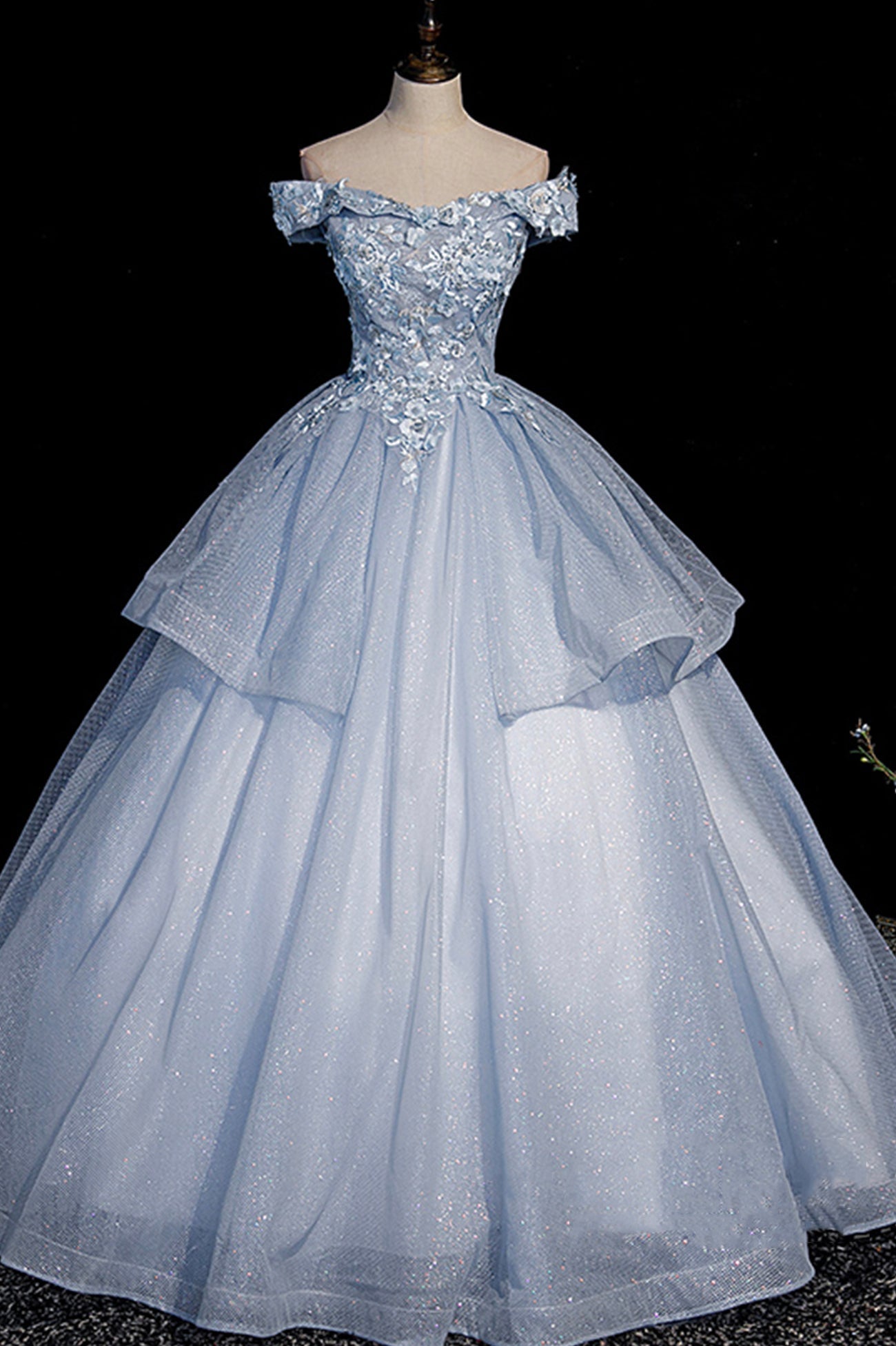 Ball Gown Blue Tulle Lace Long Party Dress Outfits For Girls, Off the Shoulder Evening Dress