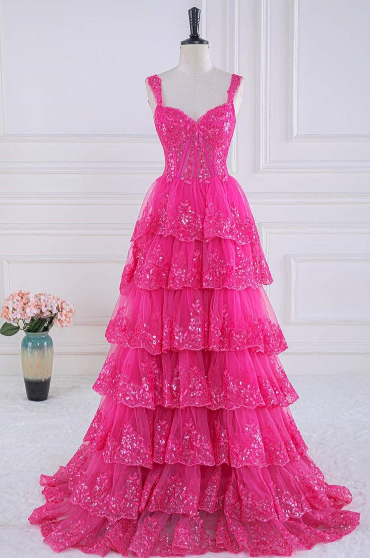 Ball Gown Corset Layered Fuchsia Prom Dresses Sweetheart Sequin