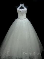Ball Gown Halter Floor-Length Tulle Wedding Dresses For Black girls With Beading