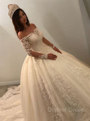 Ball Gown Off-the-Shoulder Cathedral Train Tulle Wedding Dresses For Black girls With Appliques Lace
