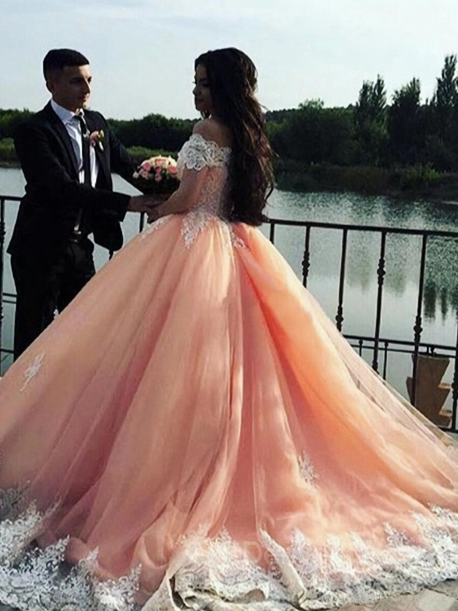 Ball Gown Off-the-Shoulder Court Train Tulle Prom Dresses For Black girls With Appliques Lace