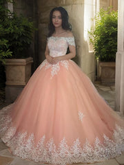 Ball Gown Off-the-Shoulder Court Train Tulle Prom Dresses For Black girls With Appliques Lace