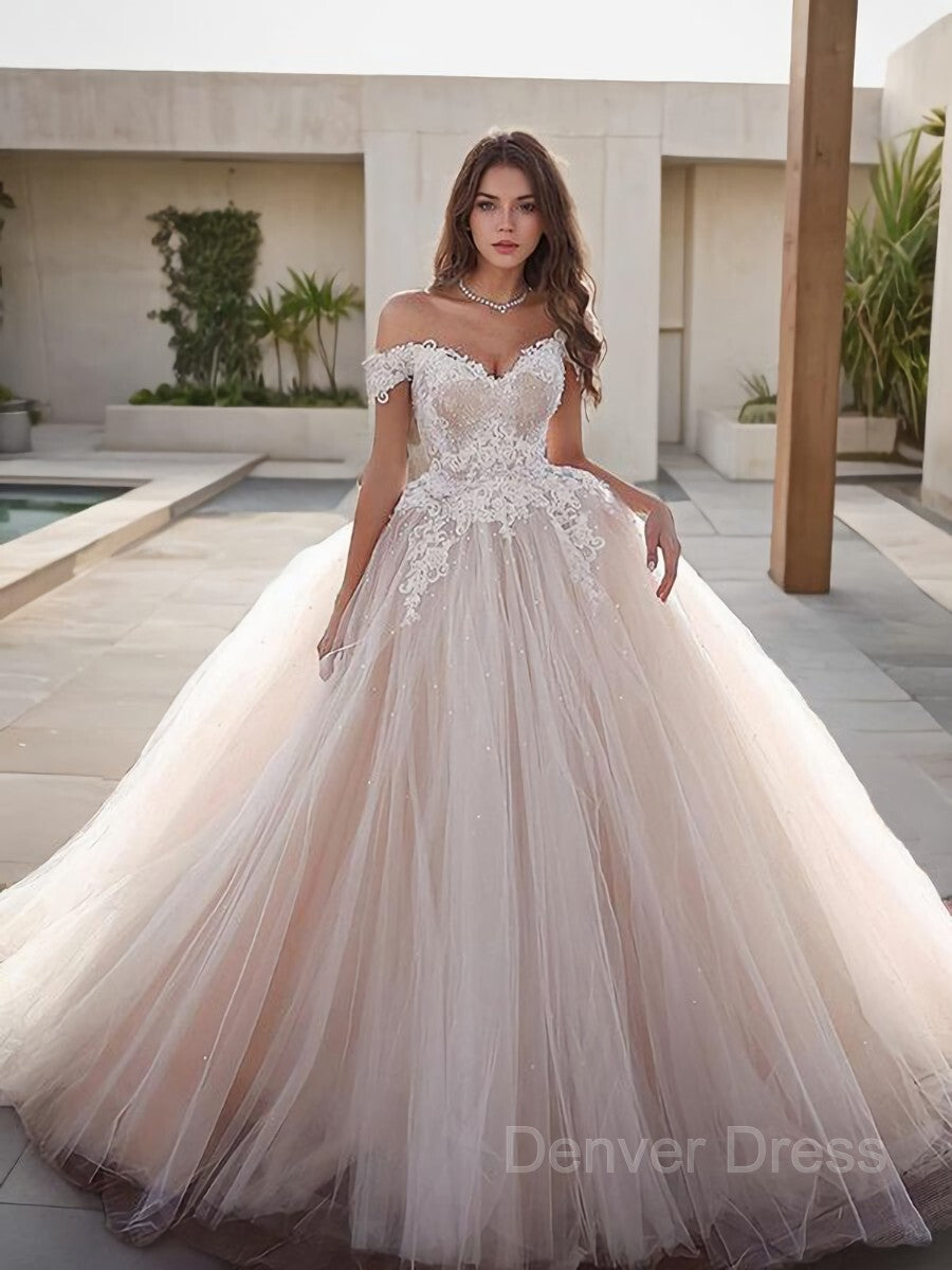 Ball Gown Off-the-Shoulder Floor-Length Tulle Wedding Dresses For Black girls With Appliques Lace
