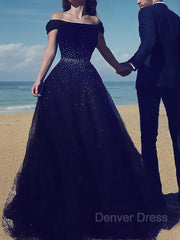 Ball Gown Off-the-Shoulder Sweep Train Tulle Prom Dresses For Black girls With Beading