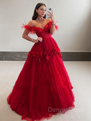 Ball Gown Off-the-Shoulder Sweep Train Tulle Prom Dresses For Black girls With Flower