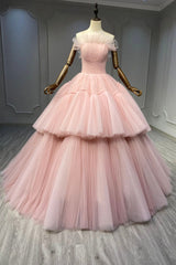 Ball Gown Pink Tulle Strapless Long Prom Evening Dress Outfits For Girls, Pink Sweet 16 Dress