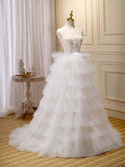 Ball-Gown/Princess Tulle White Long Prom Dresses For Black girls With Beading Flower Cascading Ruffles