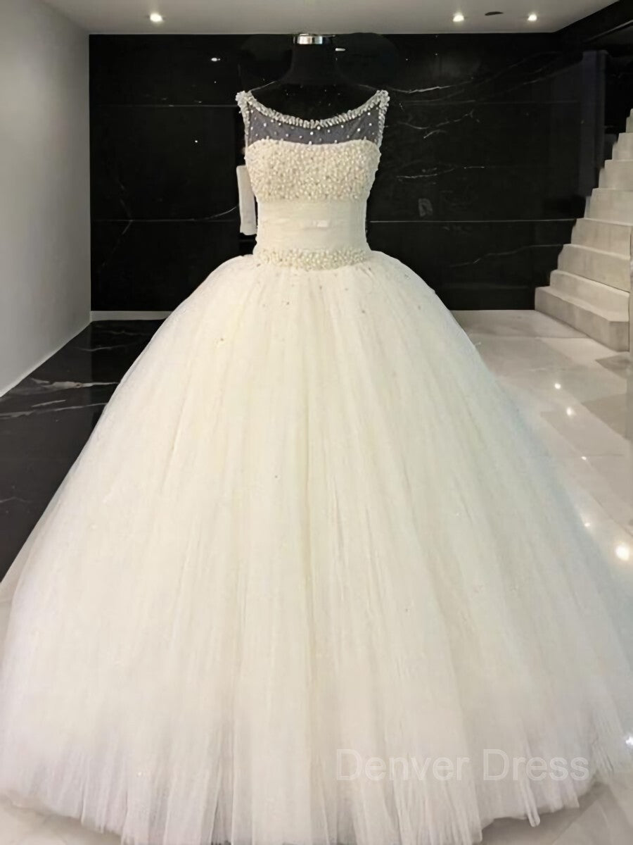 Ball Gown Scoop Floor-Length Tulle Wedding Dresses For Black girls With Beading