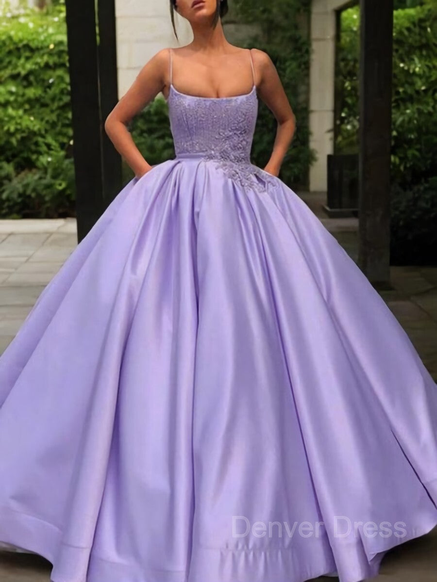 Ball Gown Spaghetti Straps Floor-Length Satin Evening Dresses For Black girls With Appliques Lace