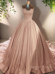 Ball Gown Sweetheart Court Train Satin Evening Dresses For Black girls With Appliques Lace
