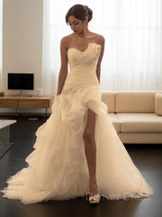Ball Gown Sweetheart Sweep Train Organza Wedding Dresses For Black girls With Leg Slit