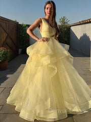 Ball Gown V-neck Floor-Length Tulle Prom Dresses For Black girls With Pleated