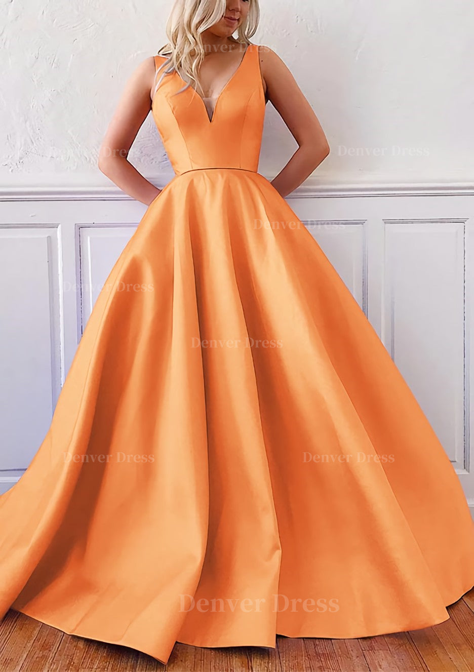 Ball Gown V Neck Sleeveless Satin Sweep Train Prom Dress Denver Dress