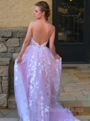 Ball Gown V-neck Sweep Train Lace Prom Dresses For Black girls With Appliques Lace