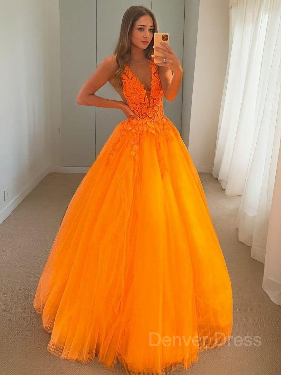 Ball Gown V-neck Floor-Length Tulle Prom Dresses For Black girls With Appliques Lace