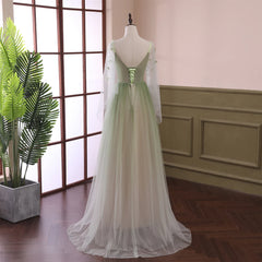 Beautiful Gradient Tulle Green Beaded Long Sleeves Party Dress Outfits For Girls,Green Formal Dresses