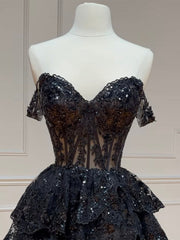 Black A-Line Sequin Tulle Short Prom Dress Outfits For Girls, Black Homecoming Dress