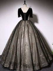 Black A-Line Tulle Lace Long Prom Dress Outfits For Girls, Black Lace Formal Dress