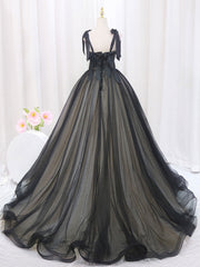Black A-Line Tulle Long Prom Dresses For Black girls For Women, Black Tulle Formal Evening Dress