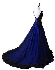 Black and Blue V-neckline Lace Applique Long Formal Dress Outfits For Girls, Black and Blue Prom Dress