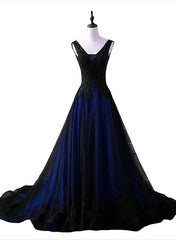 Black and Blue V-neckline Lace Applique Long Formal Dress Outfits For Girls, Black and Blue Prom Dress