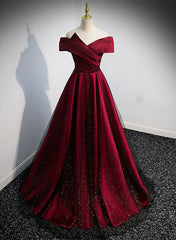 Black and Red Satin Off Shoulder Long Junior Prom Dress Outfits For Girls, A-line Satin Party Dress