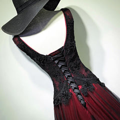 Black and Red Tulle V-neckline Beaded Lace Long Party Dress Outfits For Girls,A-line Formal Evening Dresses