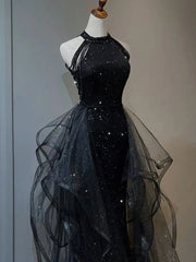 Black Halter Tulle Layers Long Prom Dress Outfits For Women with Sequins, Black Party Dress