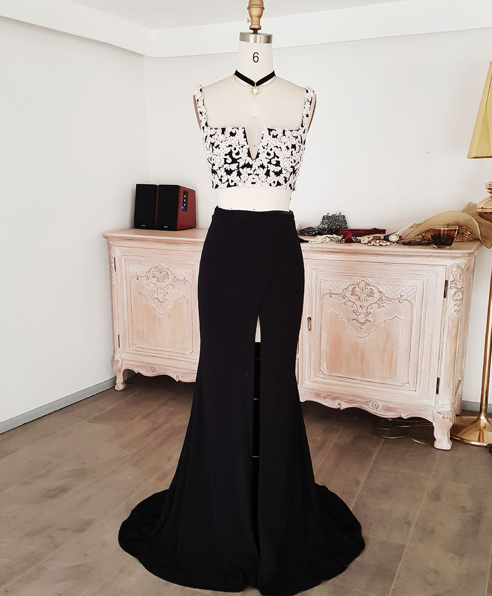 Black Lace Two Pieces Long Prom Dress Outfits For Girls, Black Evening Dress Outfits For Women with Lace Beading