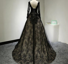 Black Long Sleeves Lace Prom Dress Outfits For Girls, Black Evening Gown