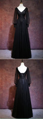 Black Long Sleeves V-neckline Evening Dress Outfits For Girls, Black Prom Dress