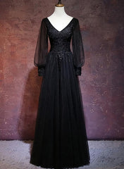 Black Long Sleeves V-neckline Evening Dress Outfits For Girls, Black Prom Dress